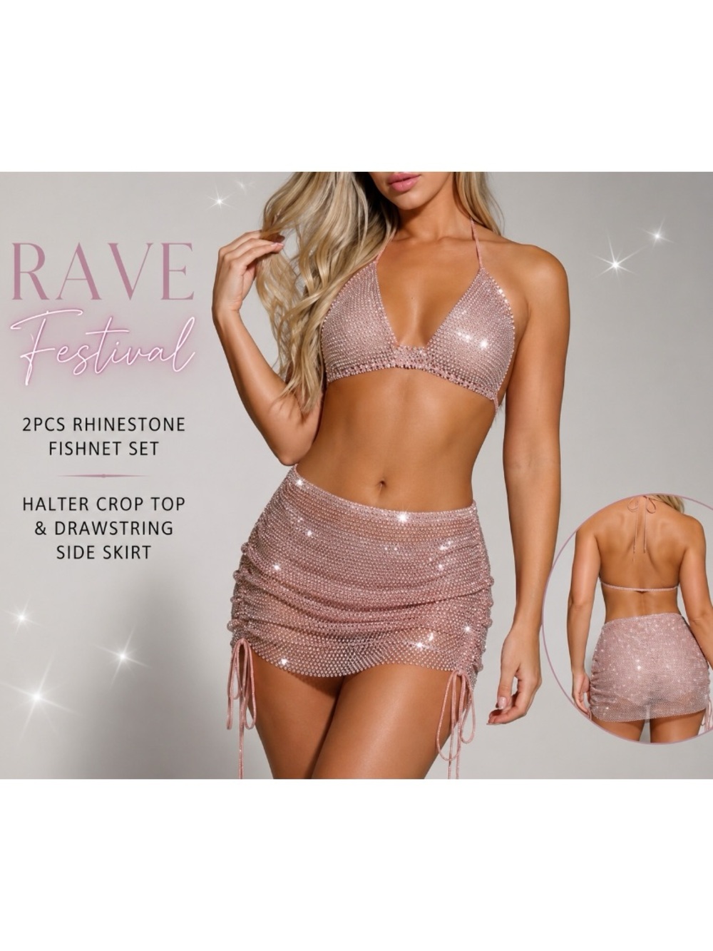 Rhinestone Fishnet 2-Piece Rave Festival Set | Top & Mini Skirt | One Size